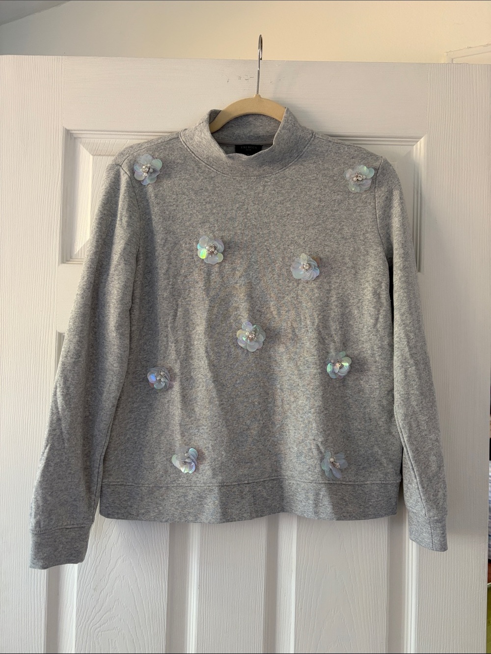 Talbots Gray Sequin Flower Mock Neck Sweater